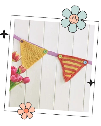 Happy Days Bunting knitting pattern, colourful striped intarsia triangles on ribbon with buttons
