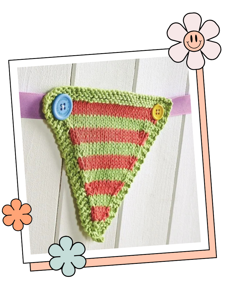 Happy Days Bunting knitting pattern, colourful striped intarsia triangles on ribbon with buttons