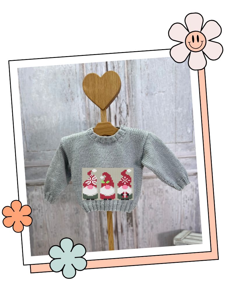 Three Wise Gnomes Christmas baby jumper, Pip Harold and Sidney knitting chart, Stylecraft Special DK, sizes 0-6 months to 4-5 years