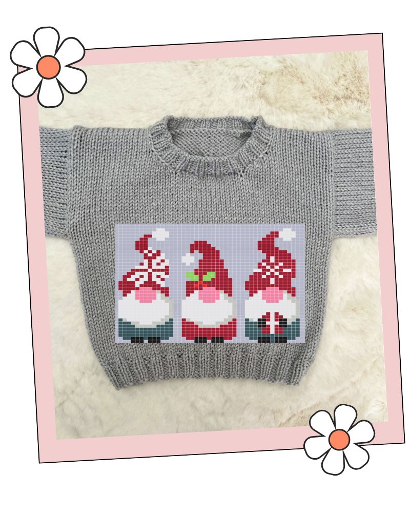 Three Wise Gnomes Christmas knitting chart on finished baby jumper, Pip Harold and Sidney, Stylecraft Special DK, sizes 0-6 months to 4-5 years