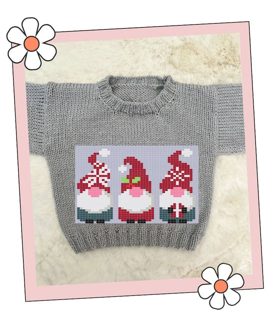 Three Wise Gnomes Christmas knitting chart on finished baby jumper, Pip Harold and Sidney, Stylecraft Special DK, sizes 0-6 months to 4-5 years