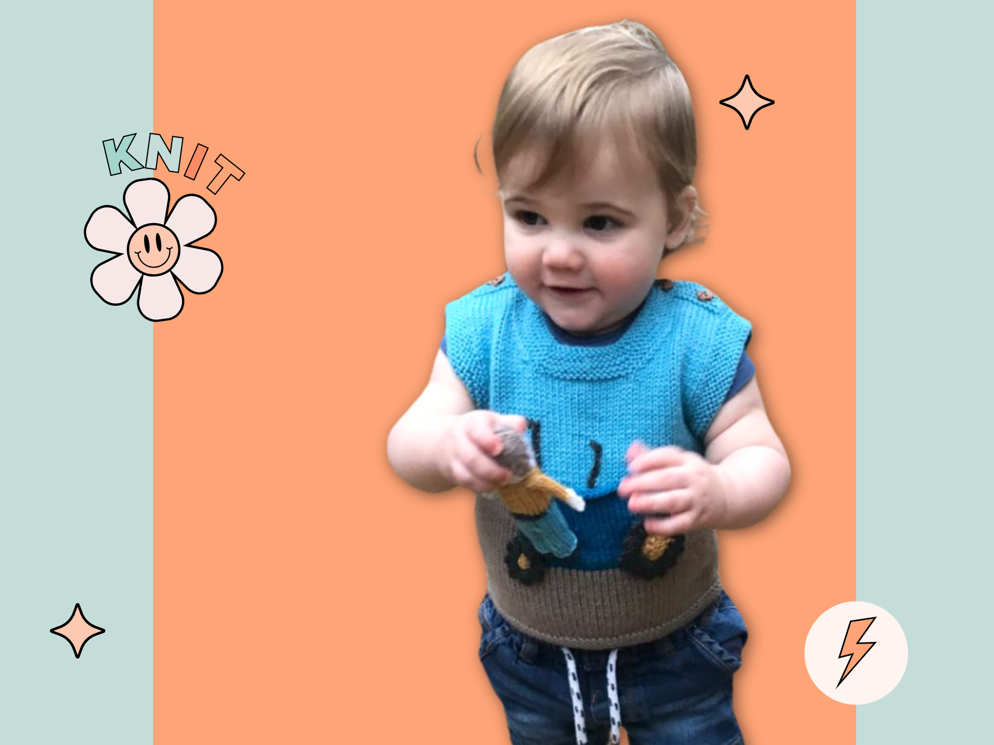 tractor tank top and farmer toy  knitted vest, baby vest knitting pattern
