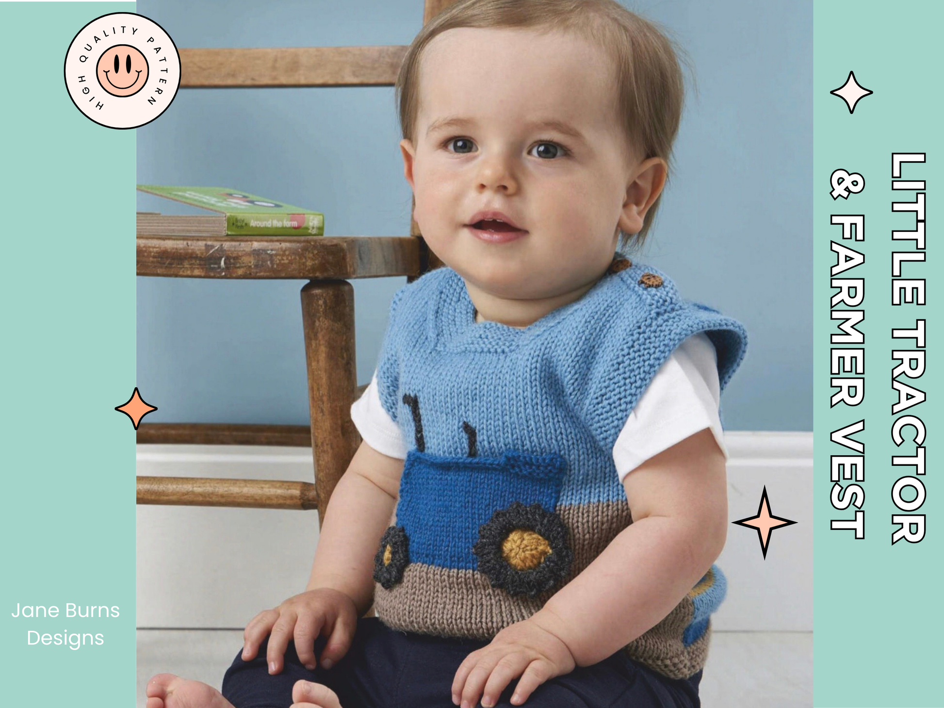 tractor tank top and farmer toy  knitted vest, baby vest knitting pattern