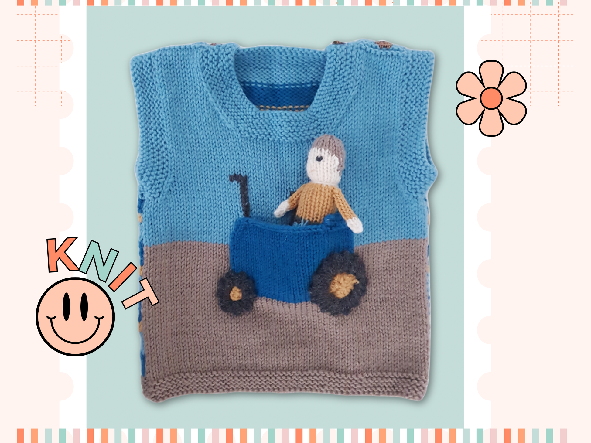 tractor tank top and farmer toy  knitted vest, baby vest knitting pattern