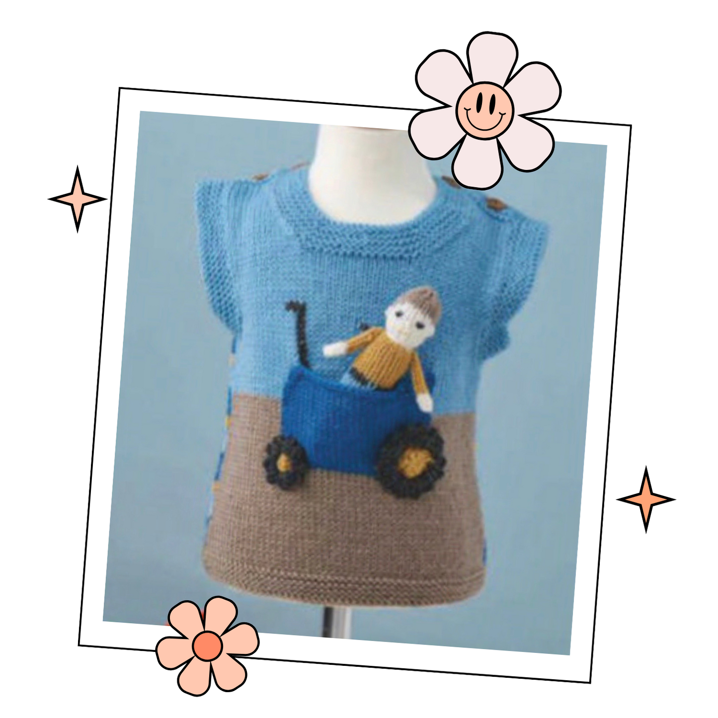 tractor tank top and farmer toy  knitted vest, baby vest knitting pattern
