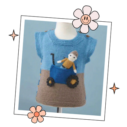 tractor tank top and farmer toy  knitted vest, baby vest knitting pattern