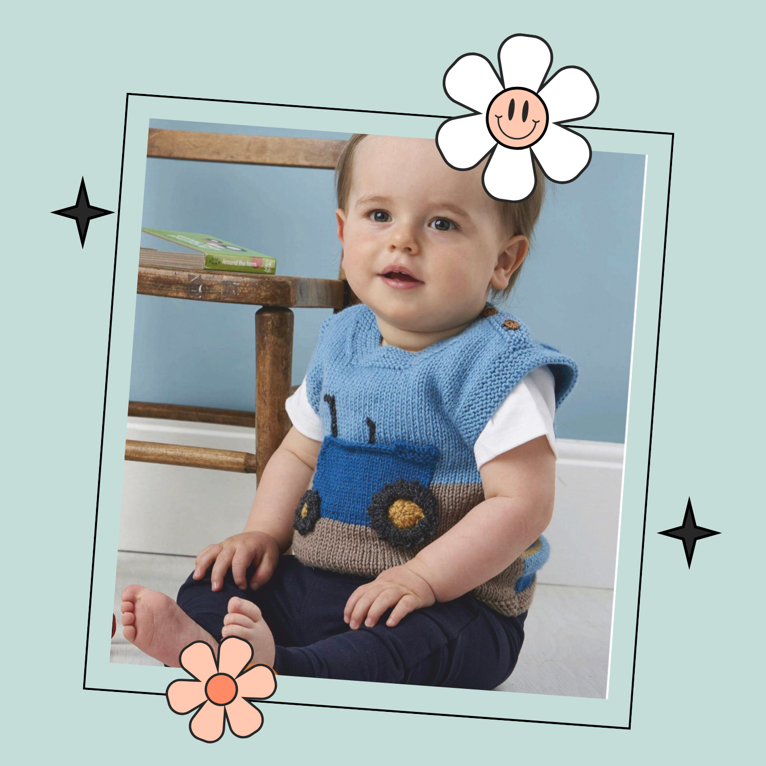 tractor tank top and farmer toy  knitted vest, baby vest knitting pattern