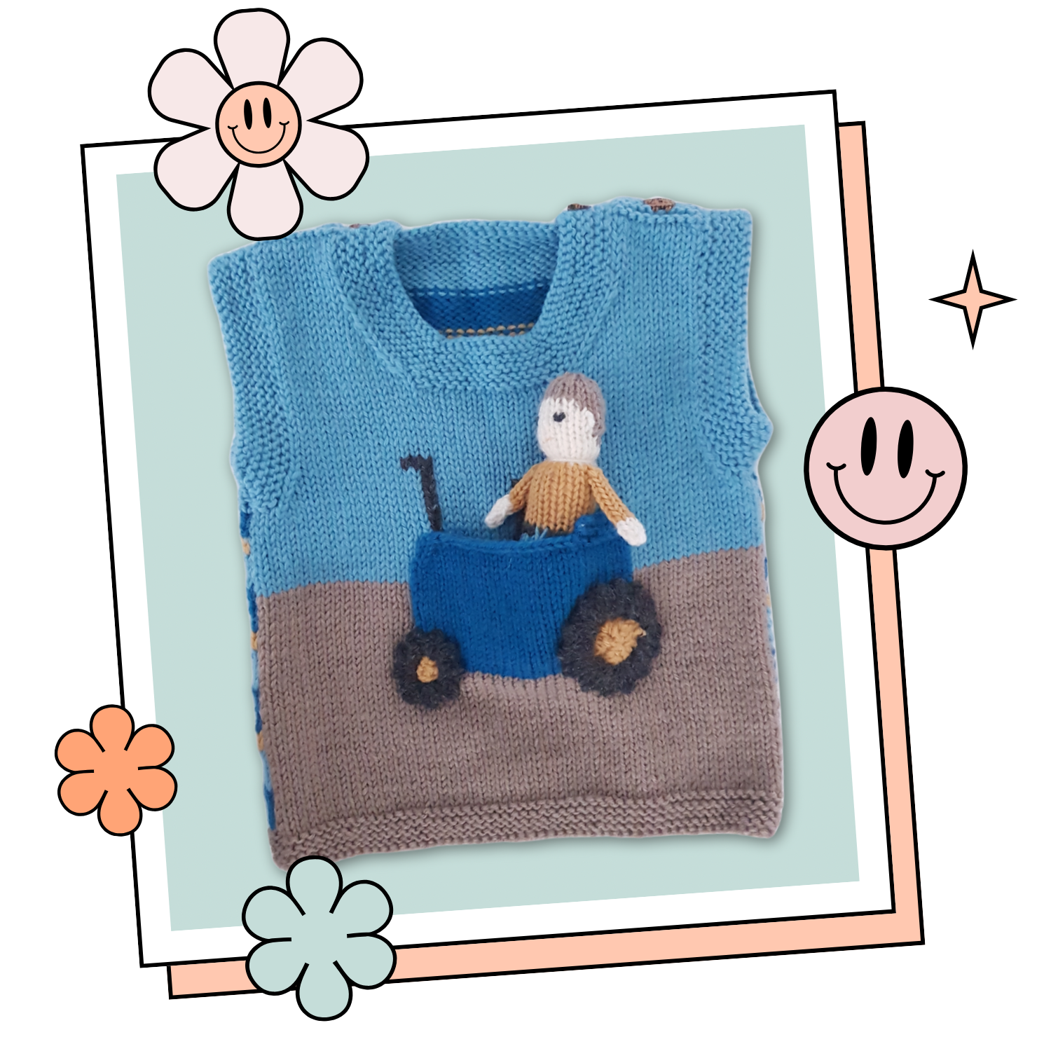 tractor tank top and farmer toy  knitted vest, baby vest knitting pattern