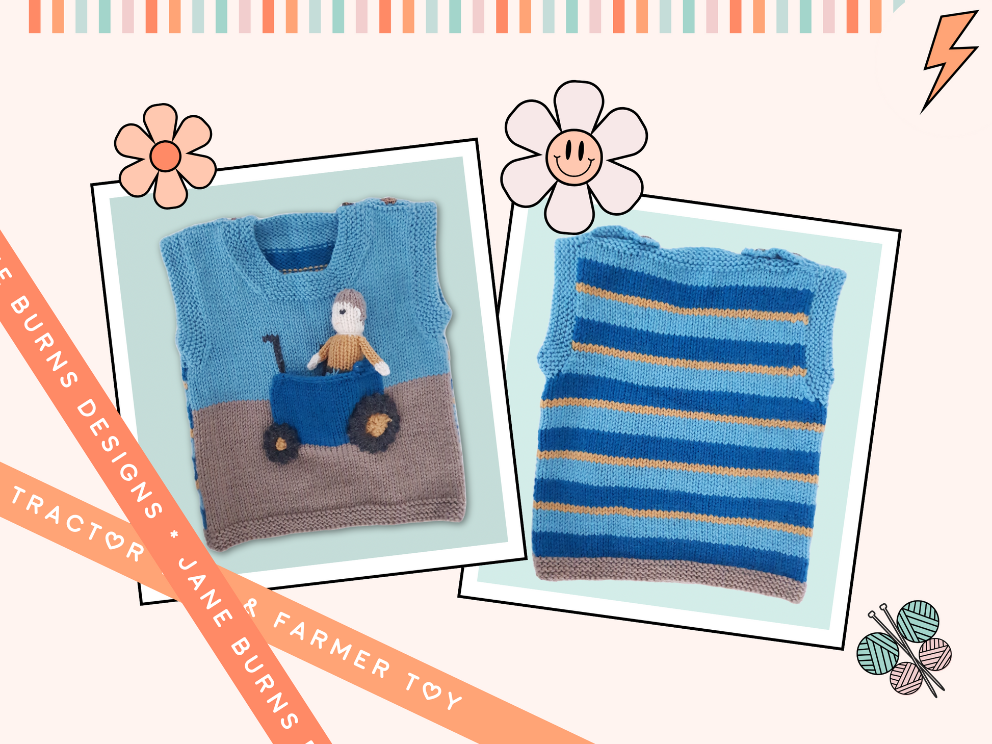 tractor tank top and farmer toy  knitted vest, baby vest knitting pattern