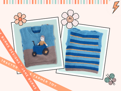 tractor tank top and farmer toy  knitted vest, baby vest knitting pattern