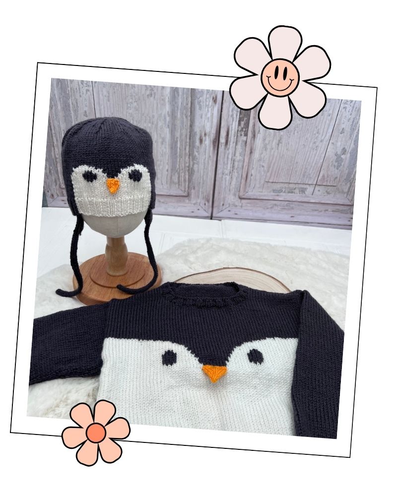 Waddles penguin jumper and aviator hat set, easy intarsia knitting pattern in baby and toddler sizes