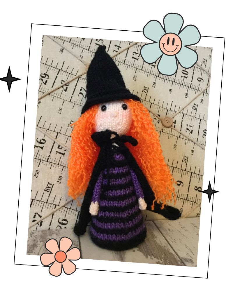 Handmade knitted Monica the Witch toy, showing finished make from halloween witch toy knitting pattern