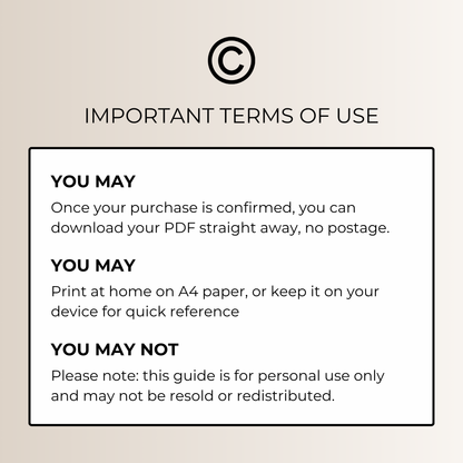 A digital graphic displaying the 'Important Terms of Use' for a PDF download product. It features a black copyright symbol at the top, followed by text stating that the PDF can be downloaded straight away without postage, with instructions to print on A4 paper or view on a device.