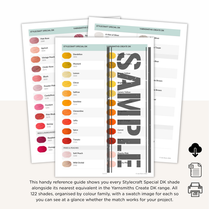 A digital mockup of three reference guide sheets titled 'Stylescraft Special DK' and 'Yarnsmiths Create DK', displaying a color chart with various yarn shades. The sheets are arranged on a white background with a descriptive text block at the bottom and small icons on the right indicating file formats. Jane Burns Yarn shade comparison guide