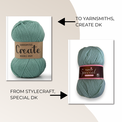 A promotional graphic showing two skeins of yarn side by side with arrows and text indicating a color exchange: the left teal yarn is labeled 'Yarnsmiths Create' and says 'TO YARNSMITHS, CREATE DK,' while the right teal yarn is labeled 'Stylecraft Special' and says 'FROM STYLECRAFT, SPECIAL DK.'. Jane Burns Yarn shade comparison guide pdf download