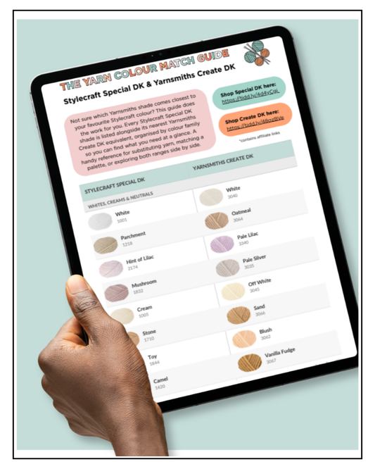 A hand holding a tablet displaying a digital color guide titled 'The Yarns Colour Match Guide' with shade options for Stylecraft Special DK and Yarnsmiths Create DK. jane burns yarn shade comparison guide