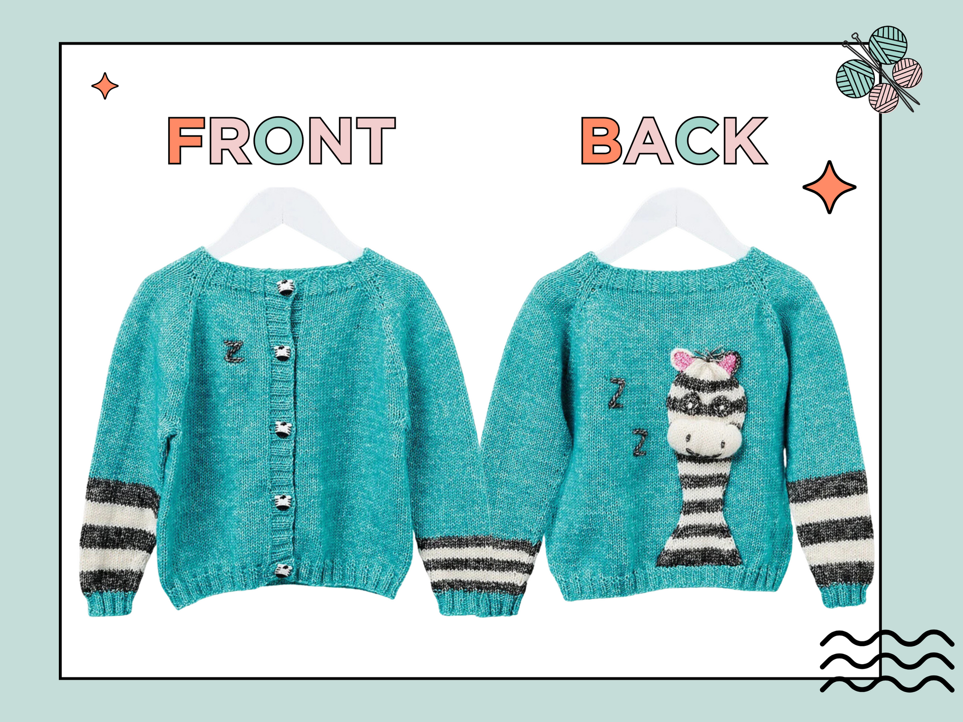 simple kids seamless zebra cardigan knitting pattern, zebra motif on the back of this easy to follow sweater pattern