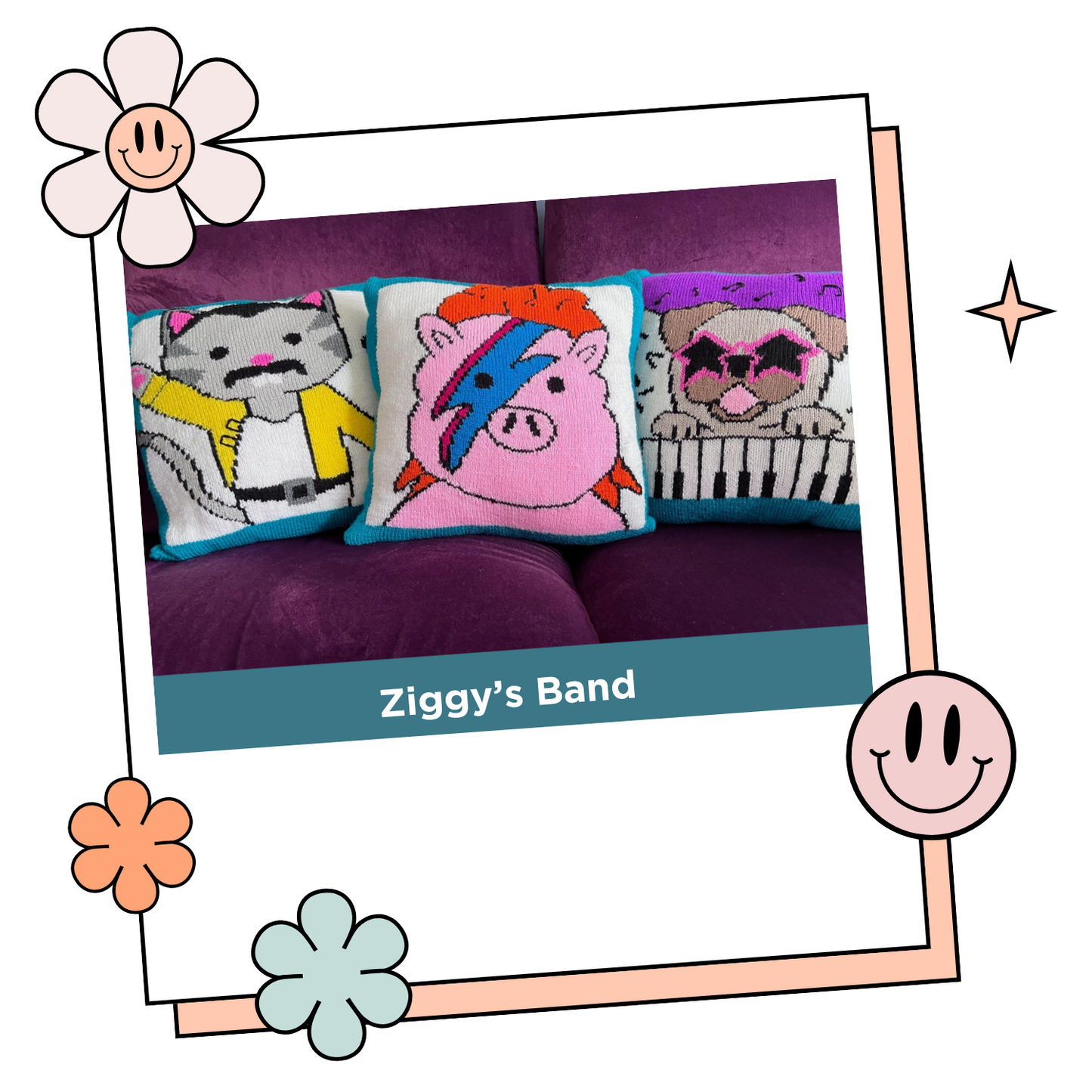 Ziggys Band, Piggy Stardust, Elton Bone and Freddie Purrcury Cushions