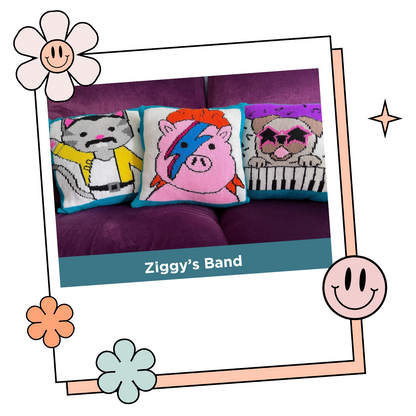 Ziggys Band, Piggy Stardust, Elton Bone and Freddie Purrcury Cushions