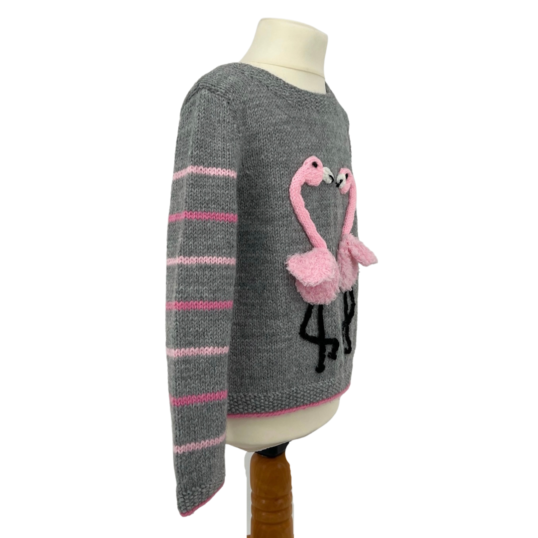 Fluffy Flamingos, Simple Kids Jumper with Applique Flamingos - Knitting Pattern