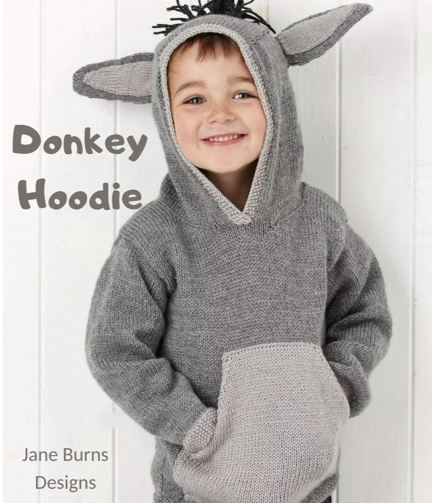 Donkey Hoodie, Kids Hooded Sweater with Donkey detailing - Knitting Pattern