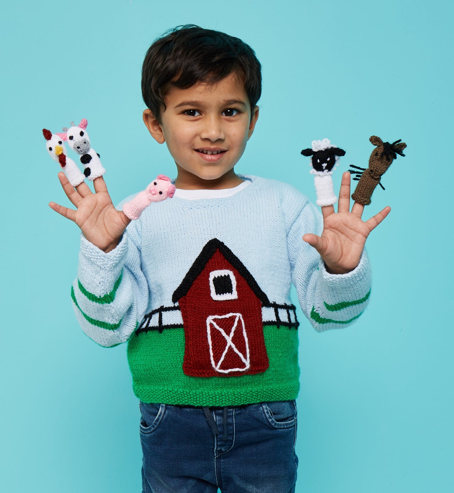 Barnyard Pals, Kids Farmyard Sweater & Finger Puppets - Kniting Pattern