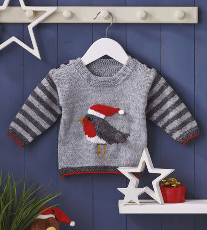 Baby Christmas knitting pattern, robin with knitted Santa hat and applique wing detail