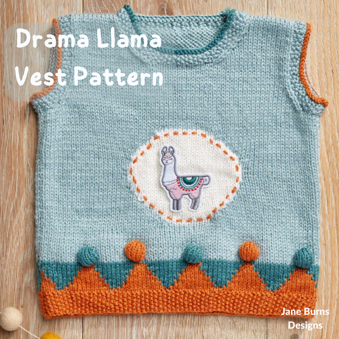 Drama Llama Vest, Childs Fiesta Time Tank Top with Motif - Knitting Pattern