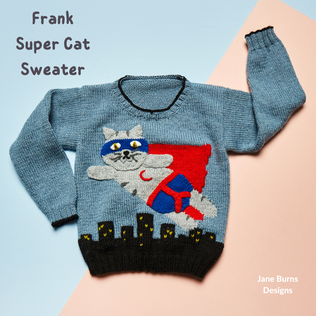 Frank the Super Cat, Kids Superhero Sweater - Knitting Pattern