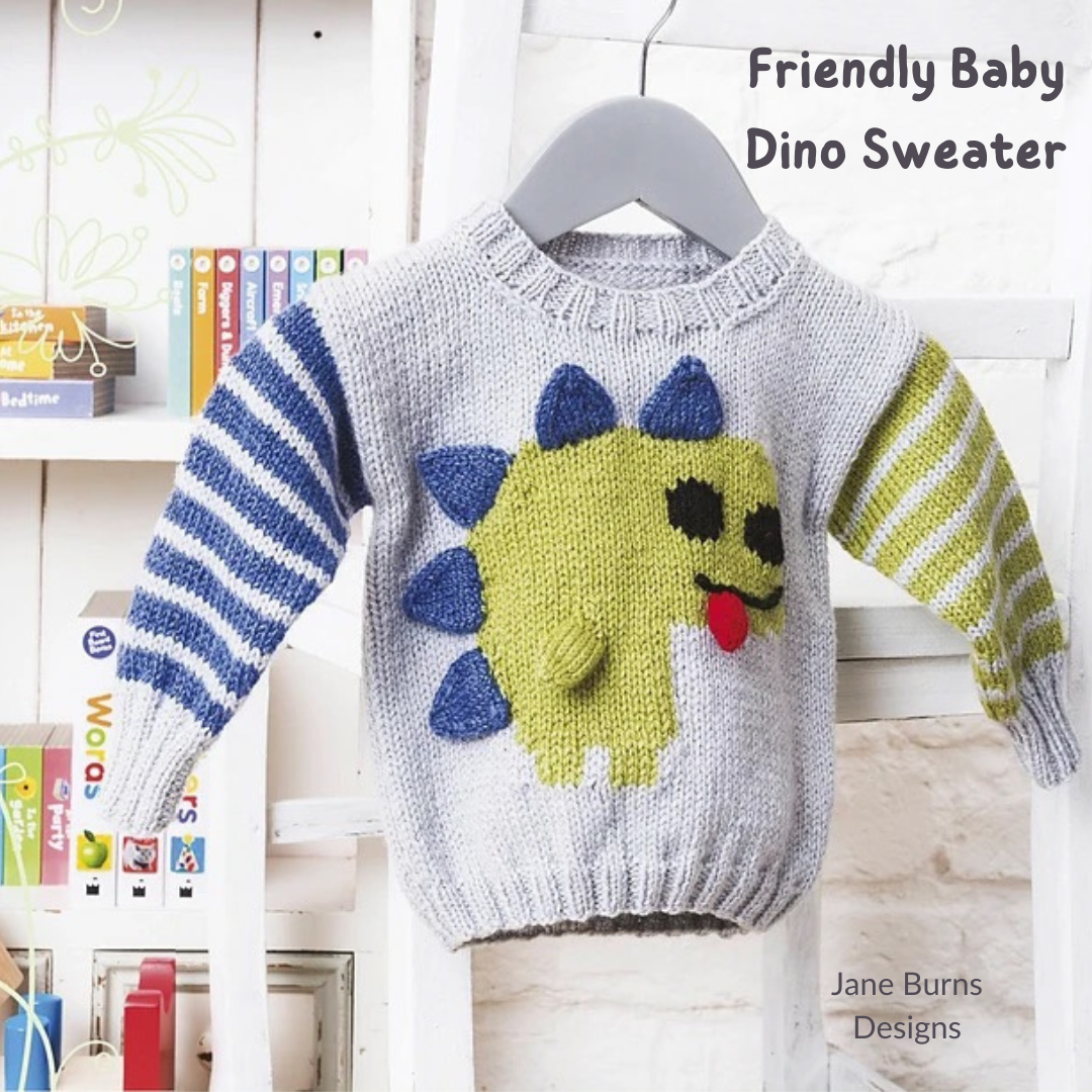 Friendly Baby Dinosaur Sweater, Simple Intarsia Jumper - Knitting Pattern