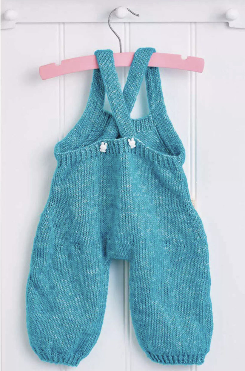 Snowball bunny pants jane burns, baby dungarees romper knitting pattern with rabbit pocket motif