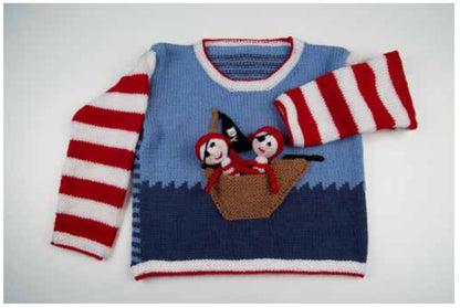 kids pirate boat sweater with waves and an applique boat which has pirate finger puppets, striped sleeves, jumper, jane burns,