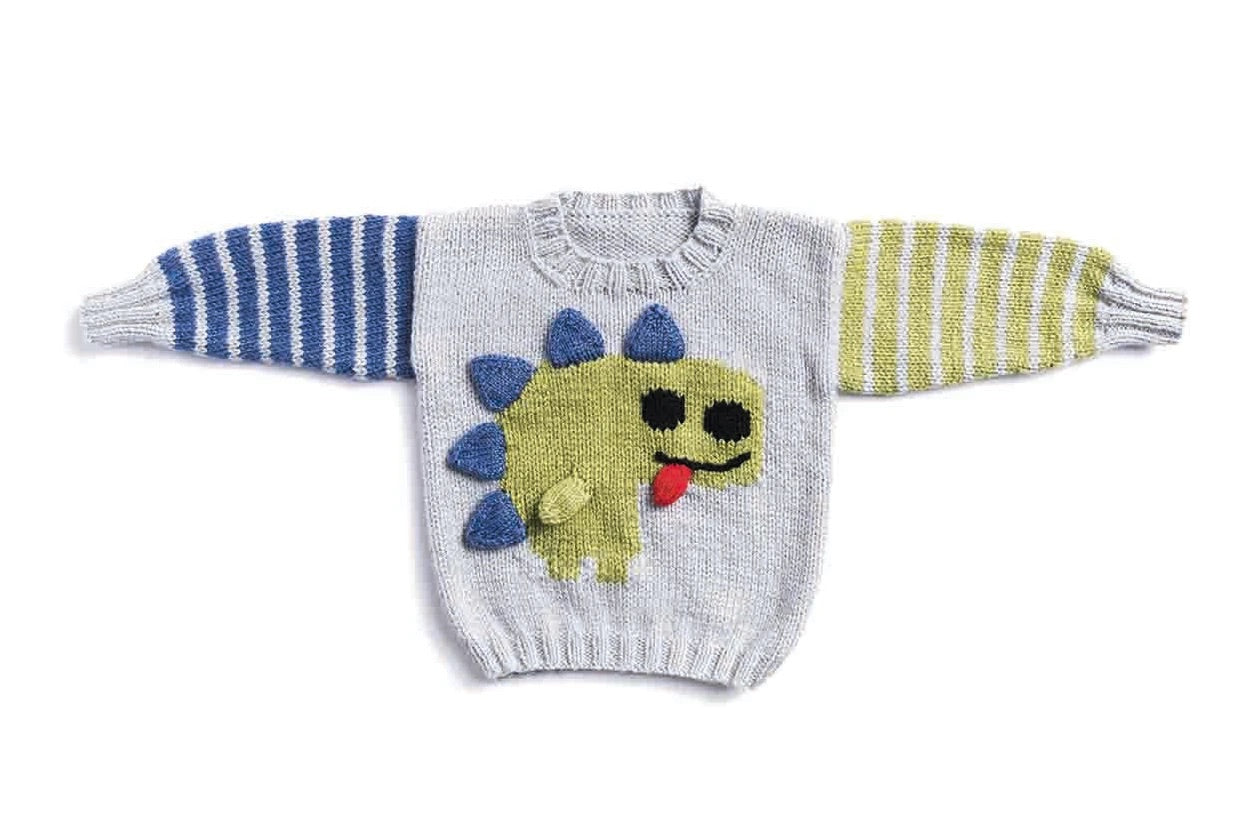 Friendly Baby Dinosaur Sweater, Simple Intarsia Jumper - Knitting Pattern