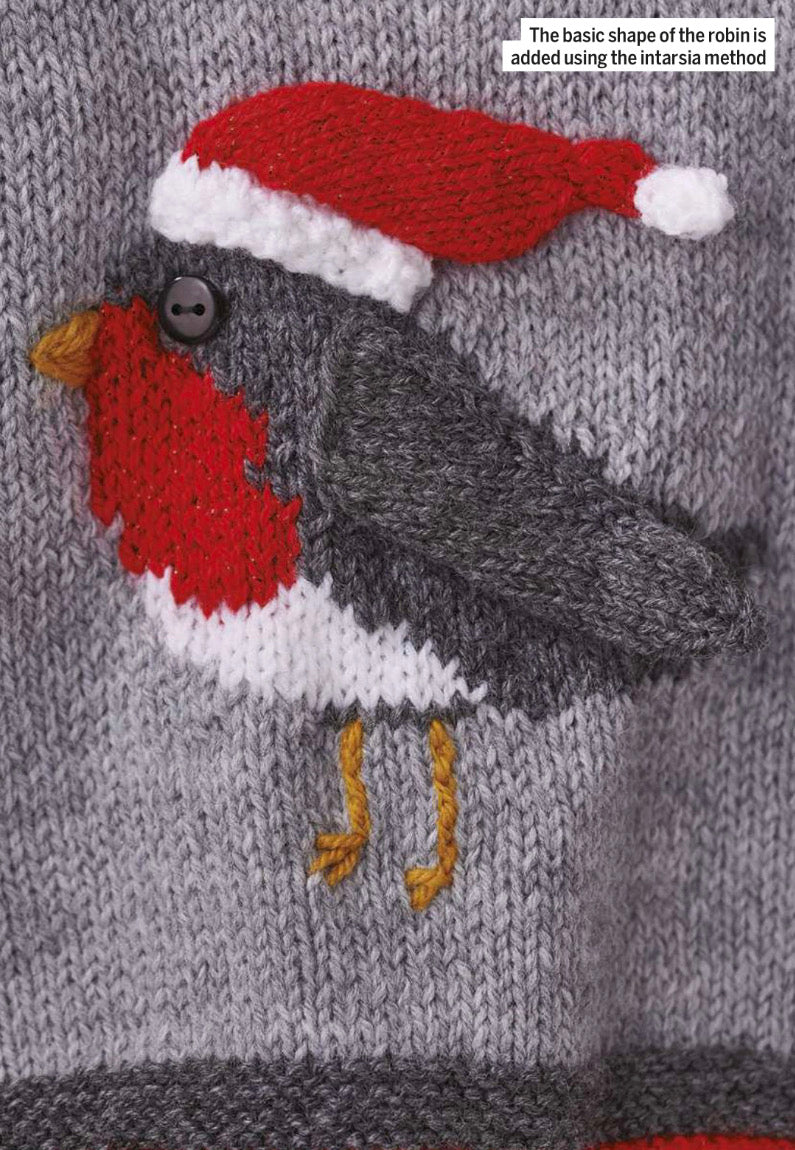 Rocking robin baby sweater, grey striped sleeves, with an intarsia robin on the front, the wing and hat are knitted and sewn on. The Hat can be removed after Christmas. DK yarn, designed by Jane Burns