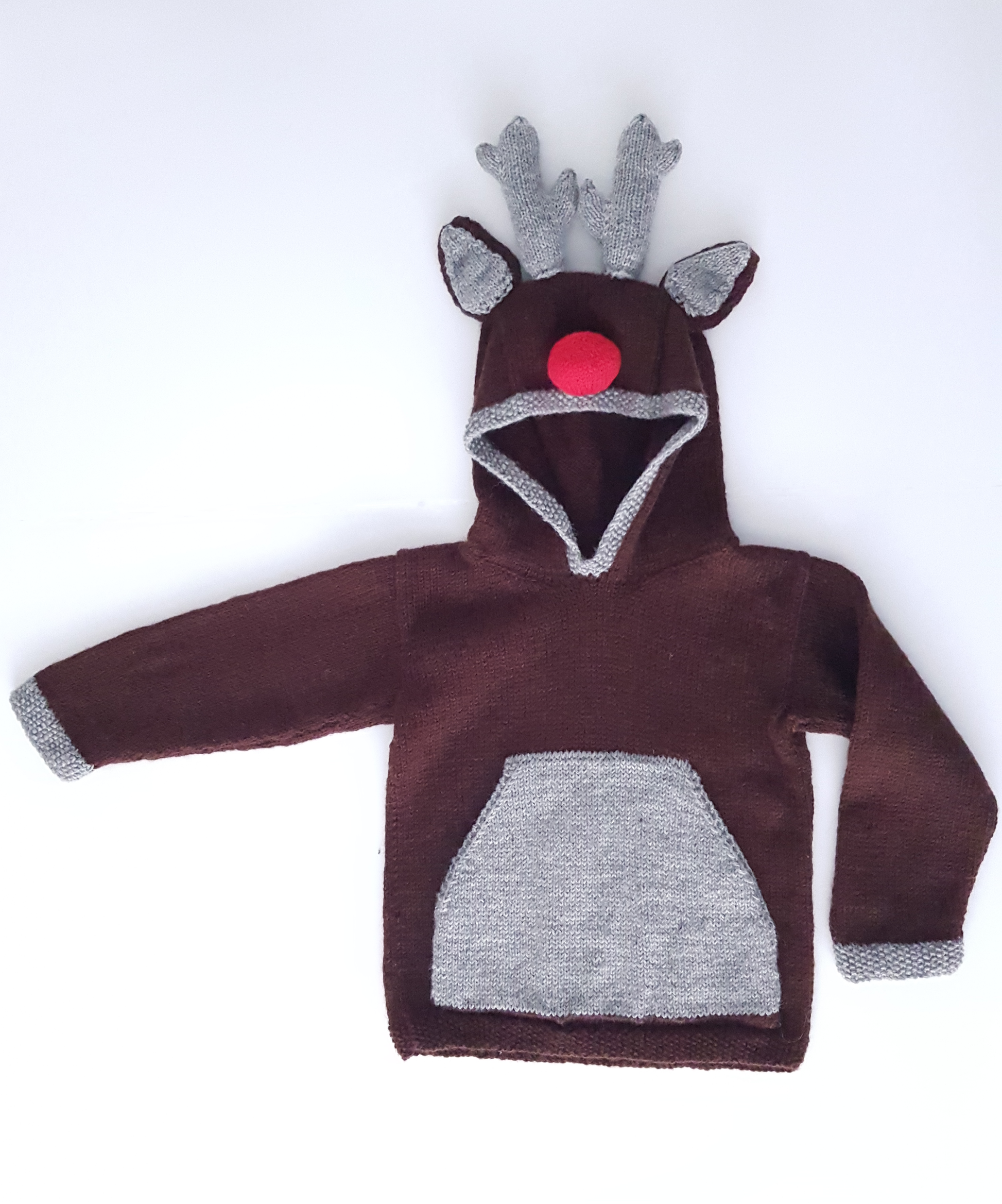 Rudolph the Reindeer Hoodie Kids Christmas Hooded Sweater Knitting Jane Burns Designs