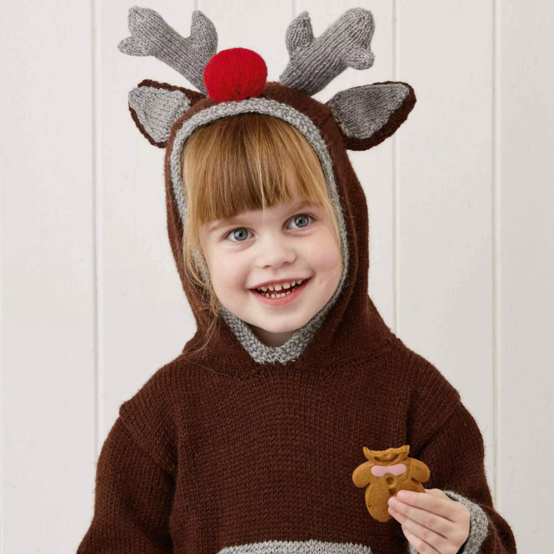 Rudolph the Reindeer Hoodie Kids Christmas Hooded Sweater Knitting Jane Burns Designs