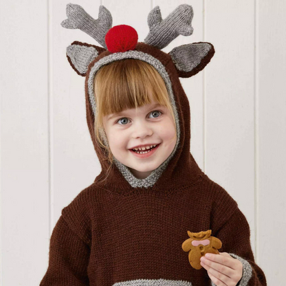 Rudolph the Reindeer Hoodie, Kids Christmas Hooded Sweater - Knitting Pattern