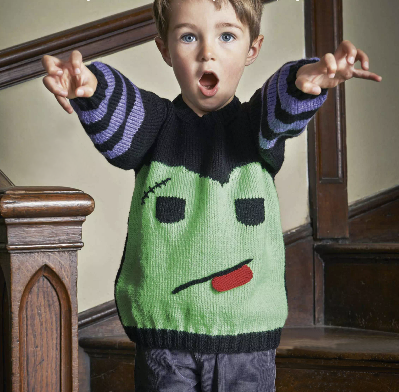 monster frankenstein jumper knitting pattern for kids, children, boys, girls, knitted jumper halloween, jane burns