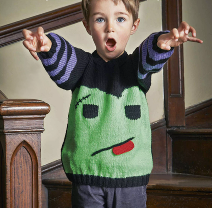 monster frankenstein jumper knitting pattern for kids, children, boys, girls, knitted jumper halloween, jane burns