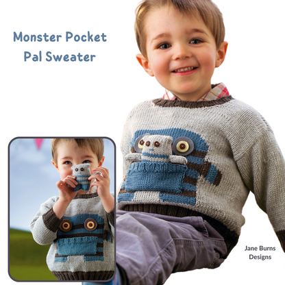 monster motif jumper with large pocket mouth and matching monster toy knitting pattern jane burns