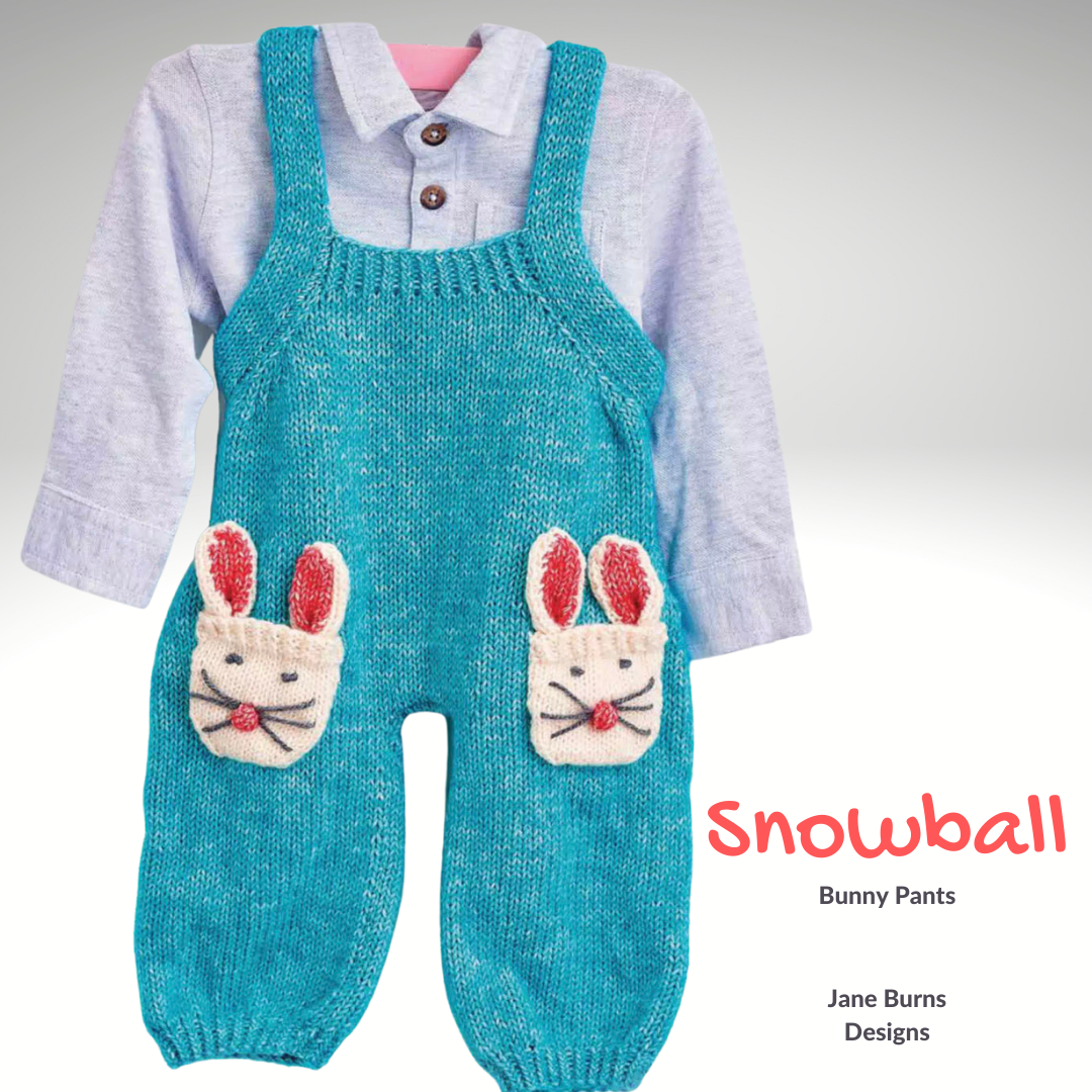 Snowball bunny pants jane burns, baby dungarees romper knitting pattern with rabbit pocket motif