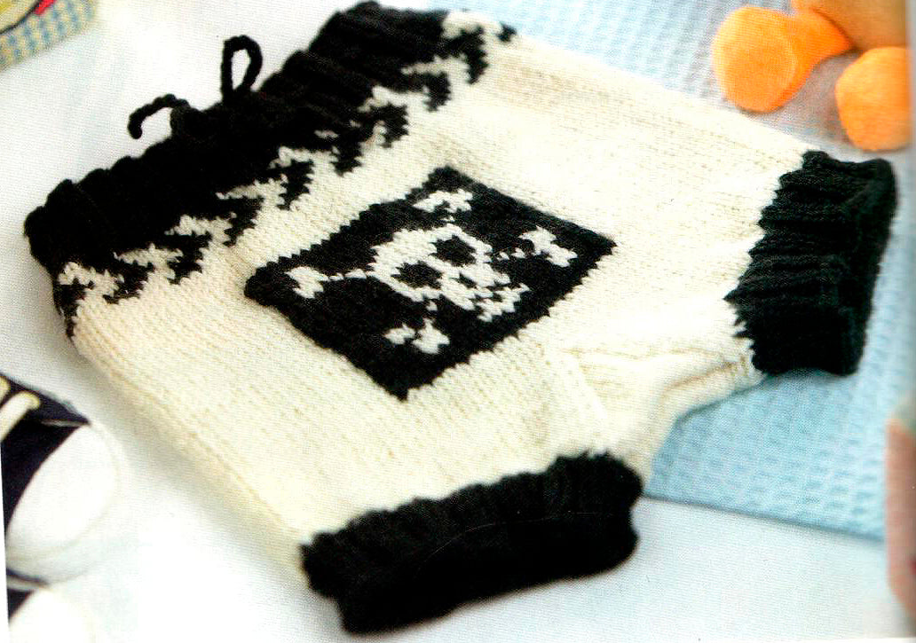 knitting pattern for knitted baby nappy cover, soaker, pants. featuring a toxic waste symbol and skull and cross bones, baby shower, gift, knitting pattern jane burns