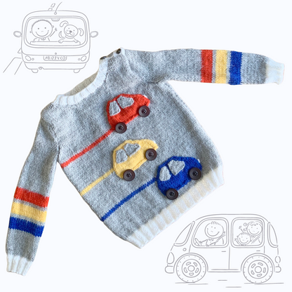 Racing car, baby sweater, car sweater for baby, knitting pattern for baby jumper with cars. Jane Burns 