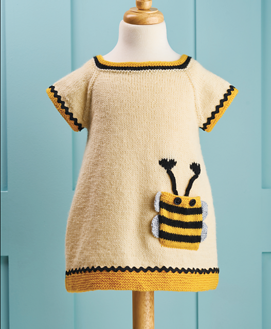 Bumble Bee knitted dress pattern, knitted dress knitting pattern, seamless top down construction with bumble pocket and trim jane burns designs