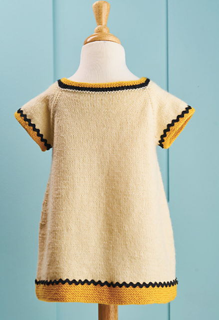 Bumble Bee knitted dress pattern, knitted dress knitting pattern, seamless top down construction with bumble pocket and trim jane burns designs