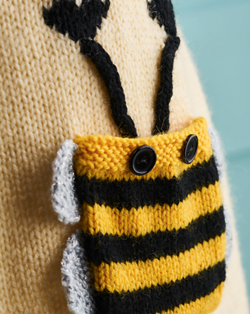 Bumble Bee knitted dress pattern, knitted dress knitting pattern, seamless top down construction with bumble pocket and trim jane burns designs