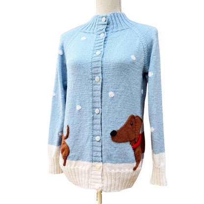 DACHSHUND IN THE SNOW seamless top down cardigan sized to fit adults. Intarsia panel and applique pieces bring this sausage dog to life. knitting pattern, download, jane burns, christmas jumper