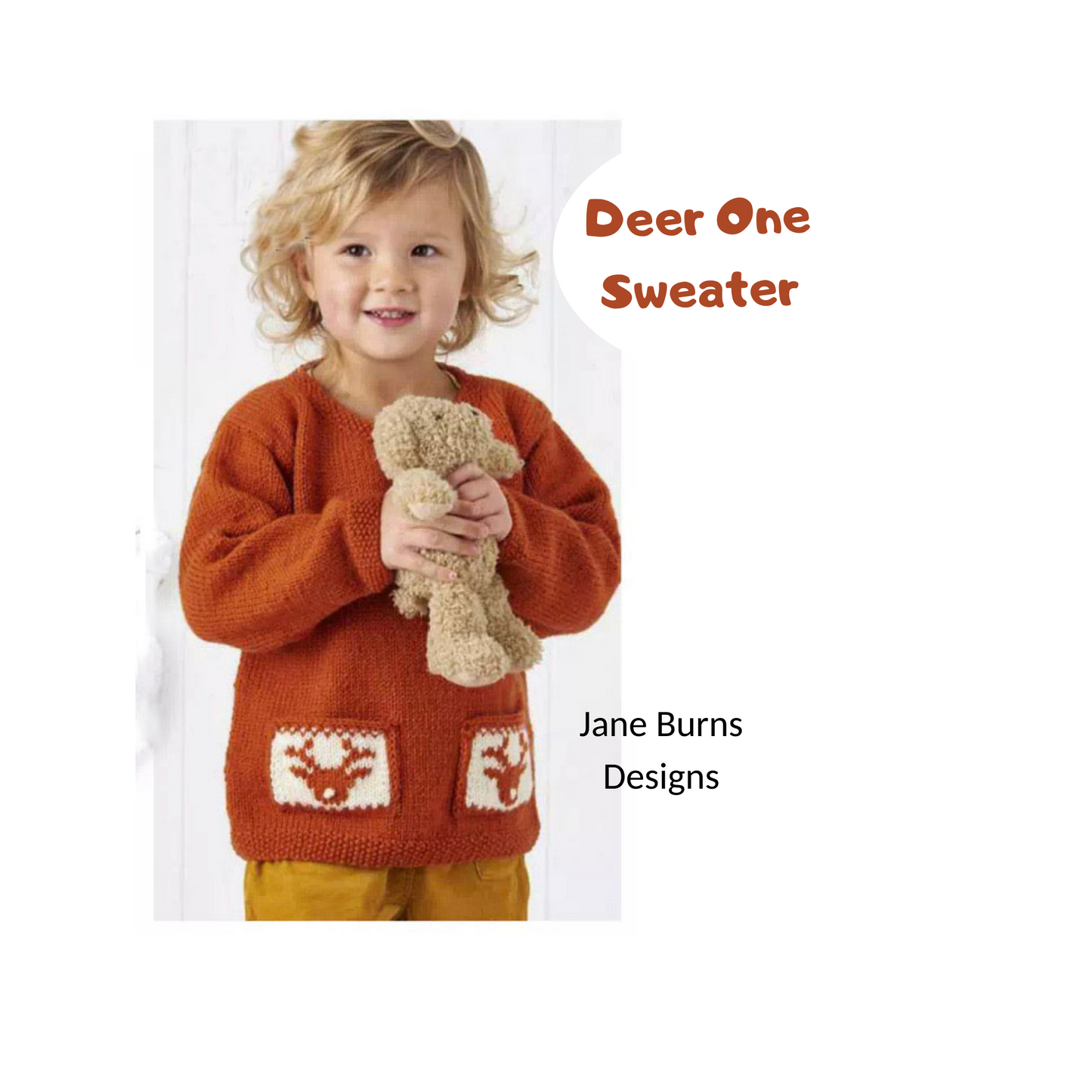 Deer One, Childs Christmas Jumper with Reindeer Motif Pockets - Knitting Pattern