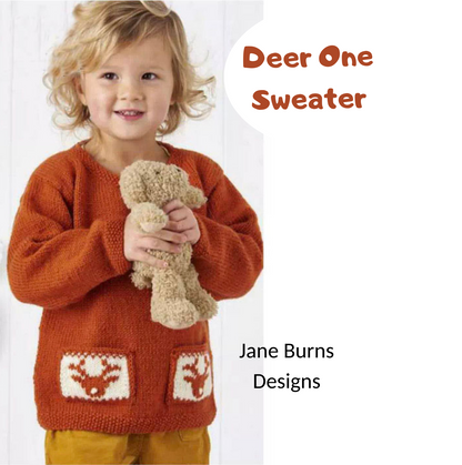 Deer One, Childs Christmas Jumper with Reindeer Motif Pockets - Knitting Pattern