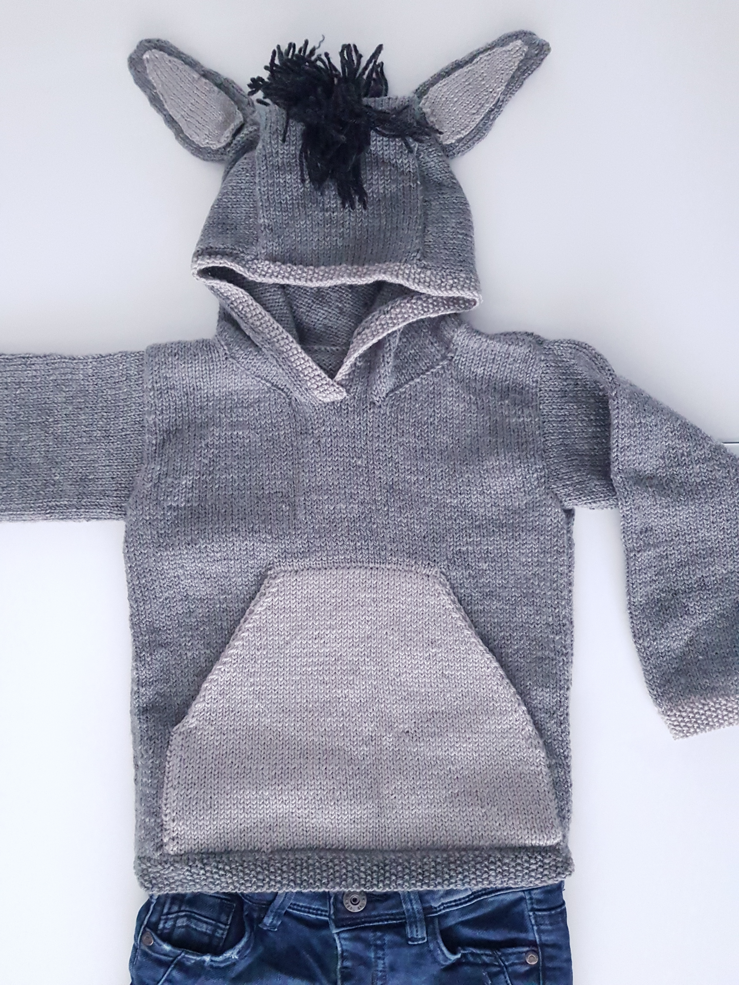 Donkey Hoodie, Kids Hooded Sweater with Donkey detailing - Knitting Pattern